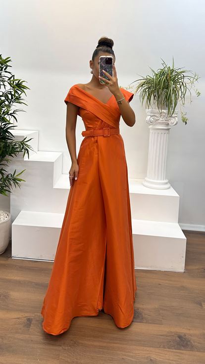Orange Boat Neck Belt Detail Evening Dress