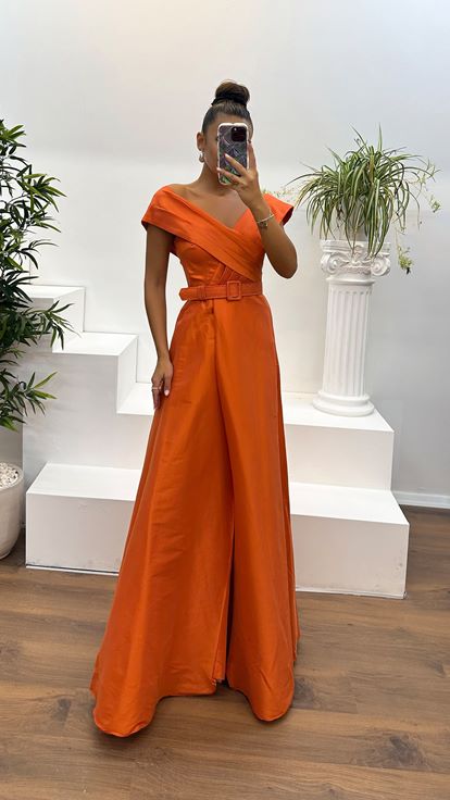 Orange Boat Neck Belt Detail Evening Dress