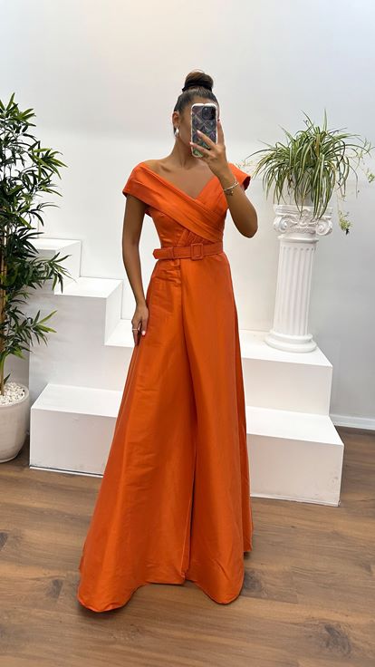 Orange Boat Neck Belt Detail Evening Dress