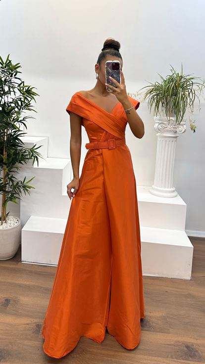 Orange Boat Neck Belt Detail Evening Dress