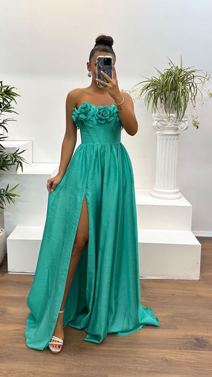 Aqua Green Collar Rose Detail Evening Dress