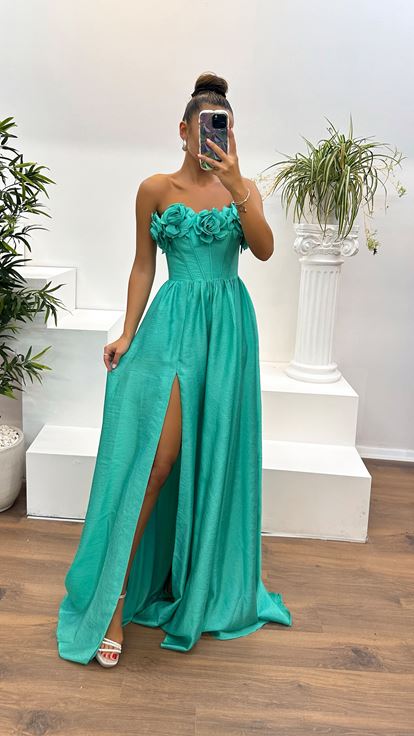 Aqua Green Collar Rose Detail Evening Dress