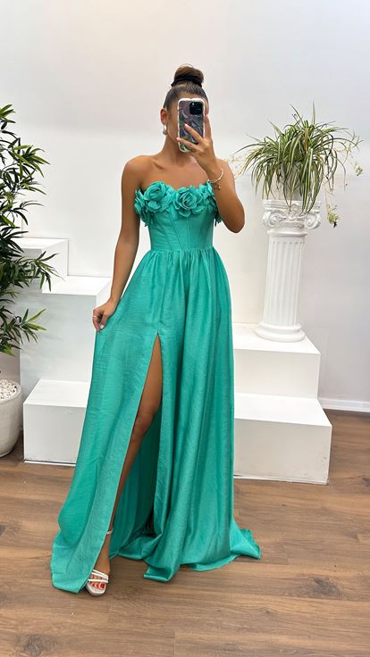 Aqua Green Collar Rose Detail Evening Dress