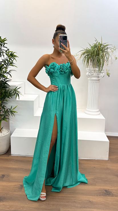 Aqua Green Collar Rose Detail Evening Dress