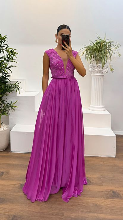 Fuchsia V-Neck Belt Detail Evening Dress