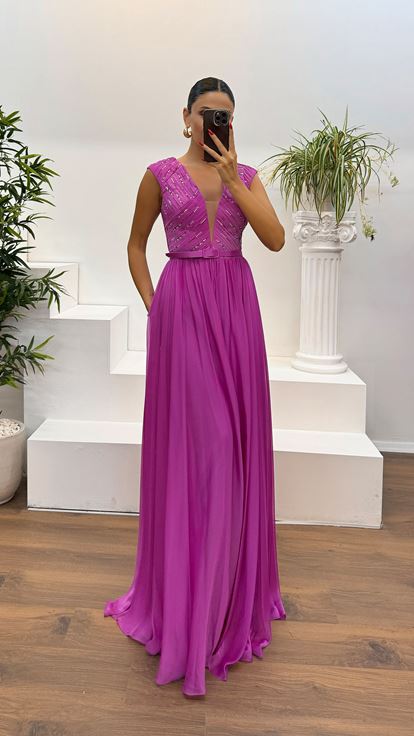 Fuchsia V-Neck Belt Detail Evening Dress