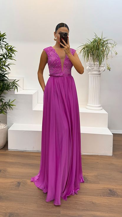 Fuchsia V-Neck Belt Detail Evening Dress
