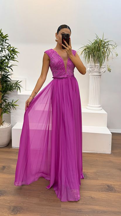 Fuchsia V-Neck Belt Detail Evening Dress