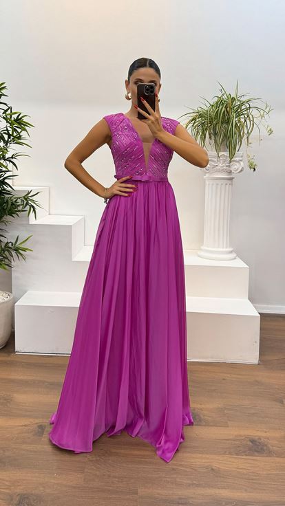 Fuchsia V-Neck Belt Detail Evening Dress