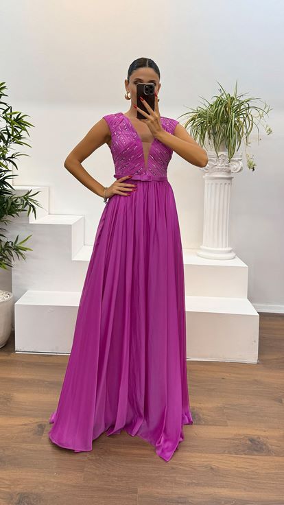 Fuchsia V-Neck Belt Detail Evening Dress