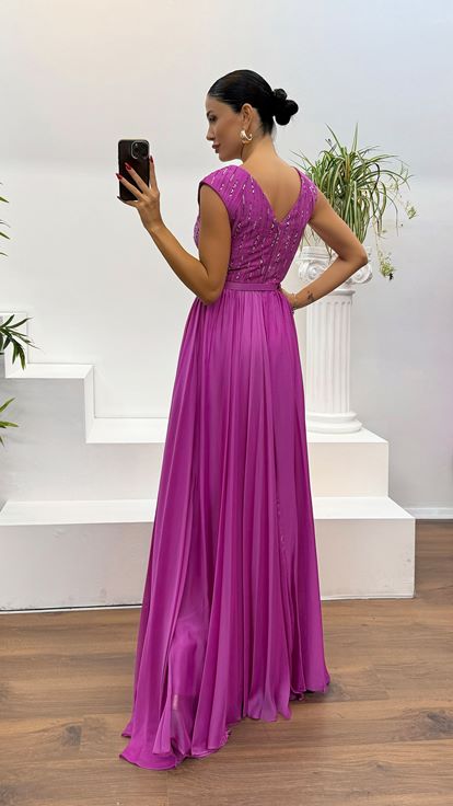 Fuchsia V-Neck Belt Detail Evening Dress