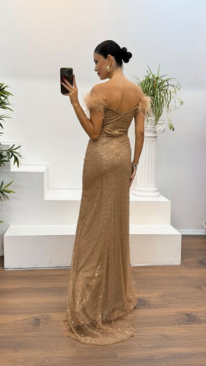 Vestido de noche bordado con plumas y cuello dorado