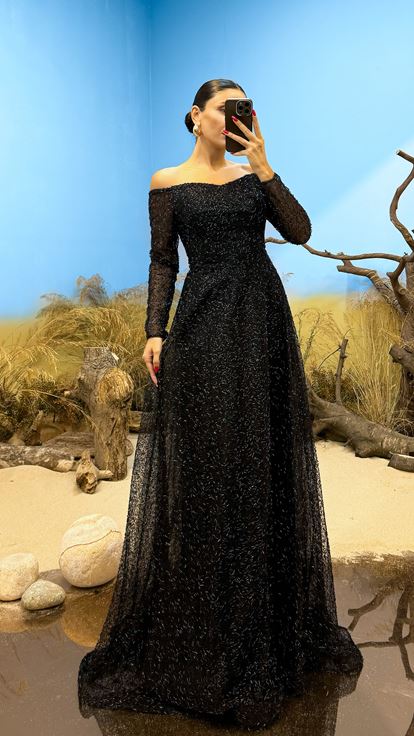 Black Pipe Bead Embroidered Design Evening Dress