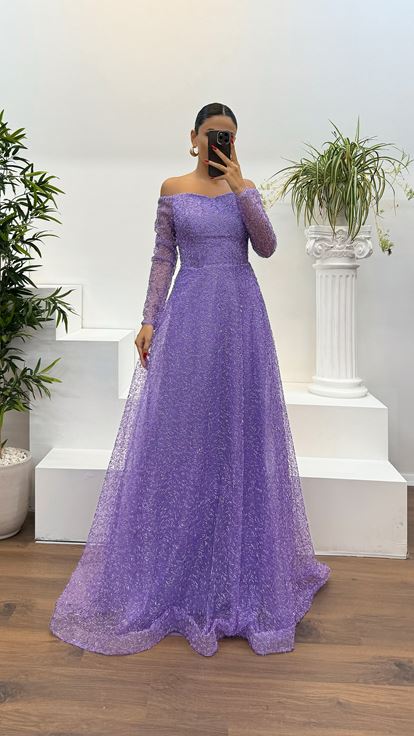 Lilac Pipe Bead Embroidered Design Evening Dress