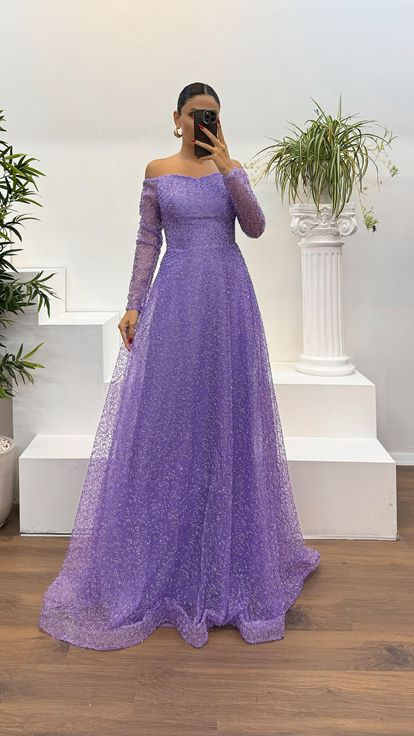Lilac Pipe Bead Embroidered Design Evening Dress