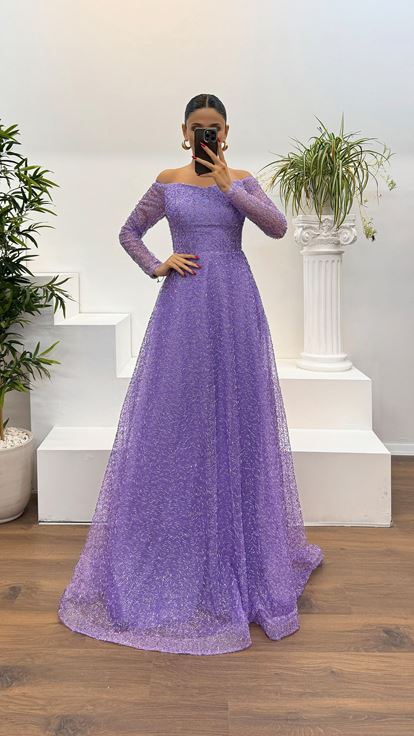 Lilac Pipe Bead Embroidered Design Evening Dress