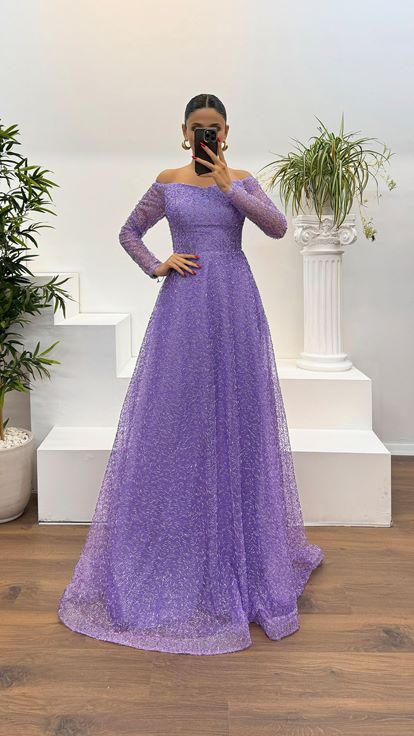 Lilac Pipe Bead Embroidered Design Evening Dress