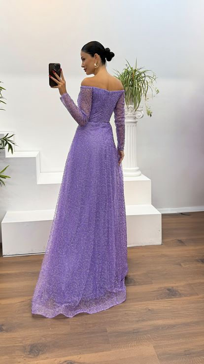 Lilac Pipe Bead Embroidered Design Evening Dress