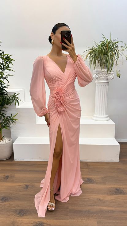 Salmon Long Sleeve Waist Rose Detail Evening Dress