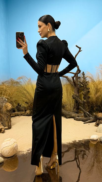 Siyah Uzun Kol Bel Transparan Abiye Elbise