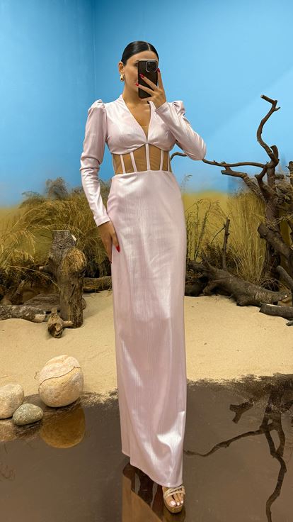 Pembe Uzun Kol Bel Transparan Abiye Elbise