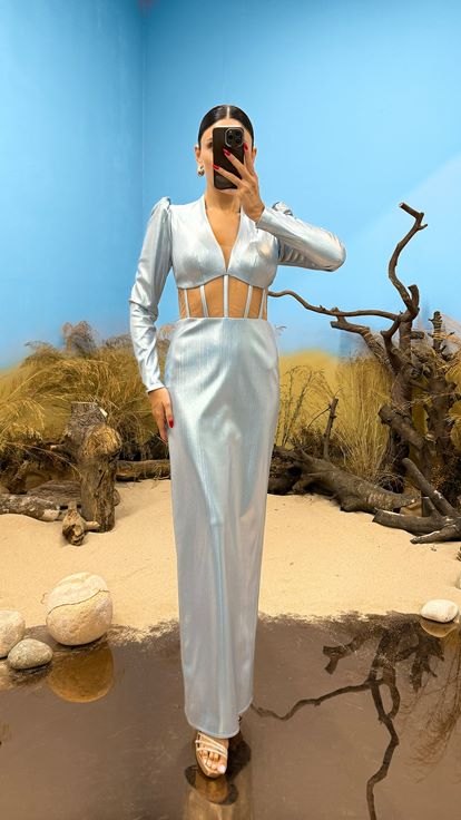 Buz Mavisi Uzun Kol Bel Transparan Abiye Elbise