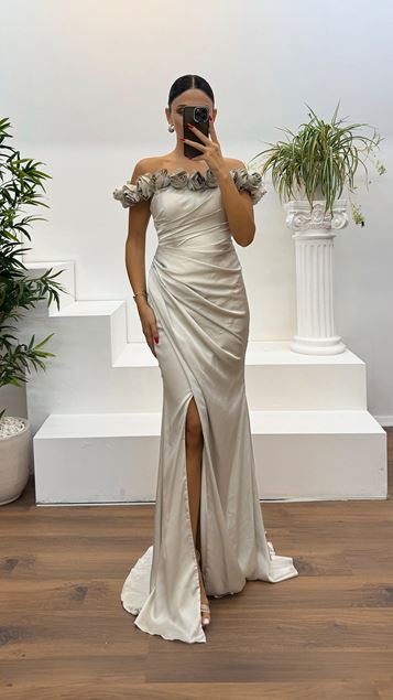 Stone Collar Rose Detail Draped Evening Dress