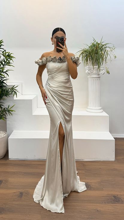 Stone Collar Rose Detail Draped Evening Dress