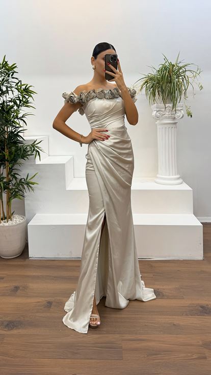 Stone Collar Rose Detail Draped Evening Dress