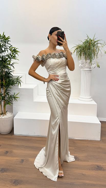 Stone Collar Rose Detail Draped Evening Dress