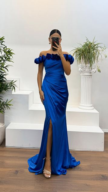 Saks Collar Rose Detail Draped Evening Dress