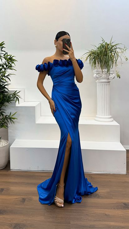 Saks Kola Collar Rose Detail Draped Evening Dress