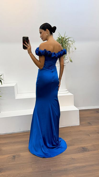 Saks Kola Collar Rose Detail Draped Evening Dress