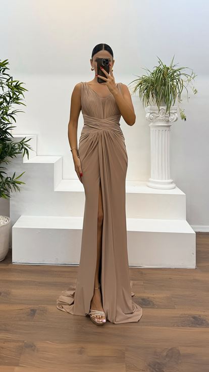 Ten V Neck Draped Evening Dress