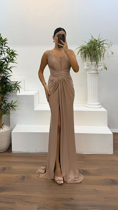 Ten V Neck Draped Evening Dress