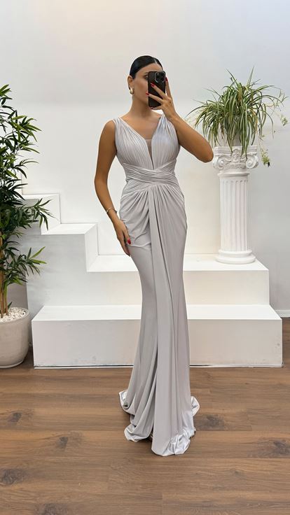 Stone V Neck Draped Evening Dress