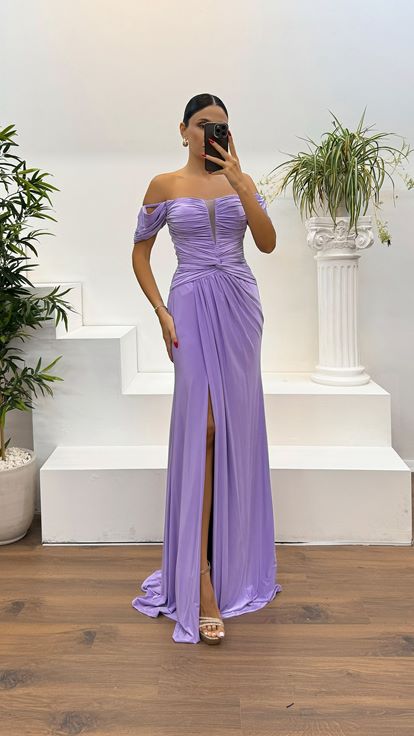 Lila Kayık Yaka Drapeli Abiye Elbise