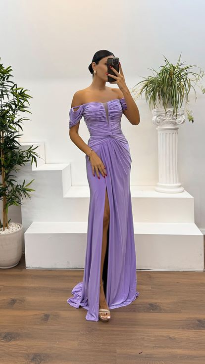 Lila Kayık Yaka Drapeli Abiye Elbise