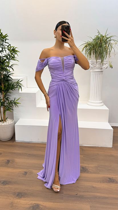 Lila Kayık Yaka Drapeli Abiye Elbise