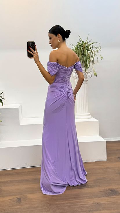 Lila Kayık Yaka Drapeli Abiye Elbise