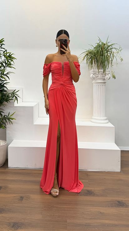 Neon Kayık Yaka Drapeli Abiye Elbise