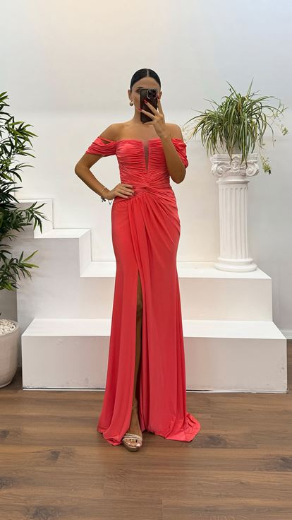 Neon Kayık Yaka Drapeli Abiye Elbise