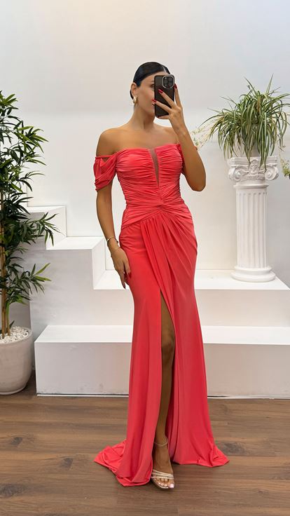 Neon Kayık Yaka Drapeli Abiye Elbise