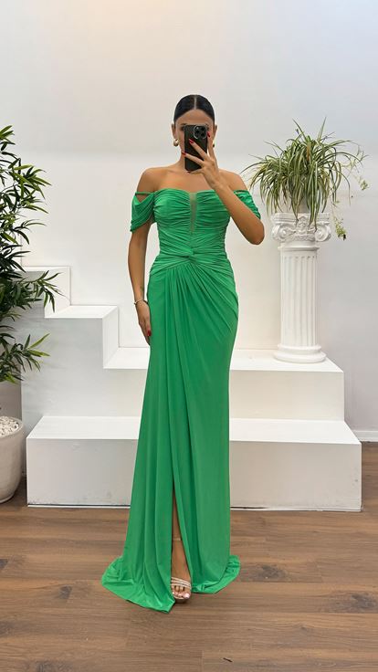 Su Yeşili Kayık Yaka Drapeli Abiye Elbise