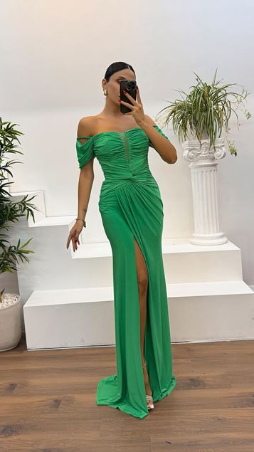 Aqua Green Boat Neck Draped Evening Dress
