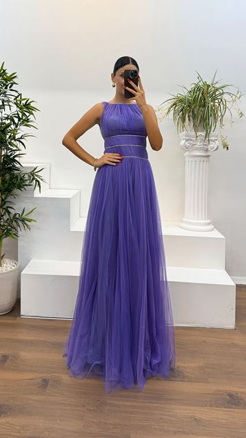 Lilac Waist and Neck Stone Detail Tulle Evening Dress