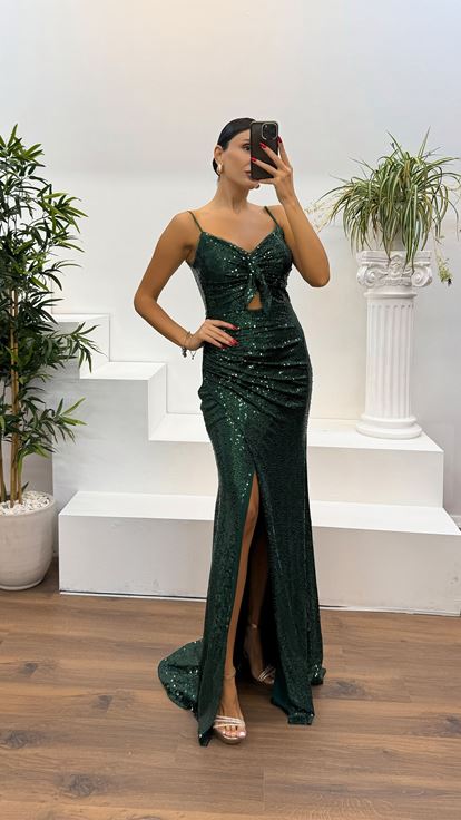 Emerald Green Rope Strap Sequined Evening Dress
