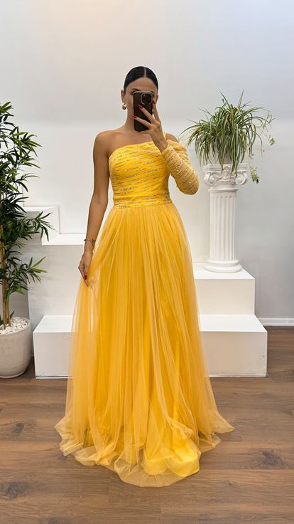 Sarı Tek Kol İşlemeli Tül Abiye Elbise