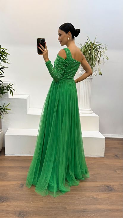 Yeşil Tek Kol İşlemeli Tül Abiye Elbise