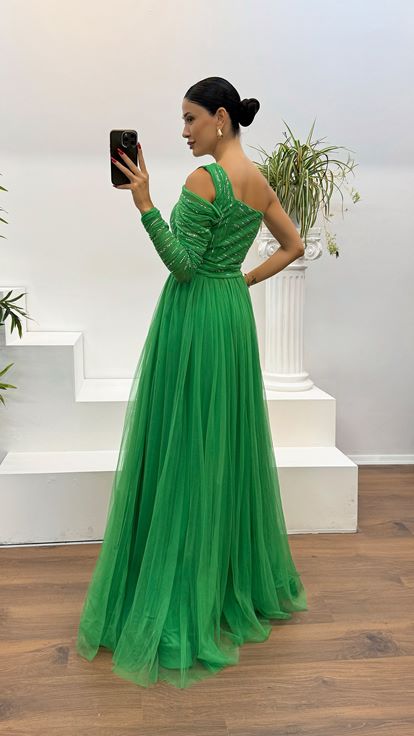 Yeşil Tek Kol İşlemeli Tül Abiye Elbise